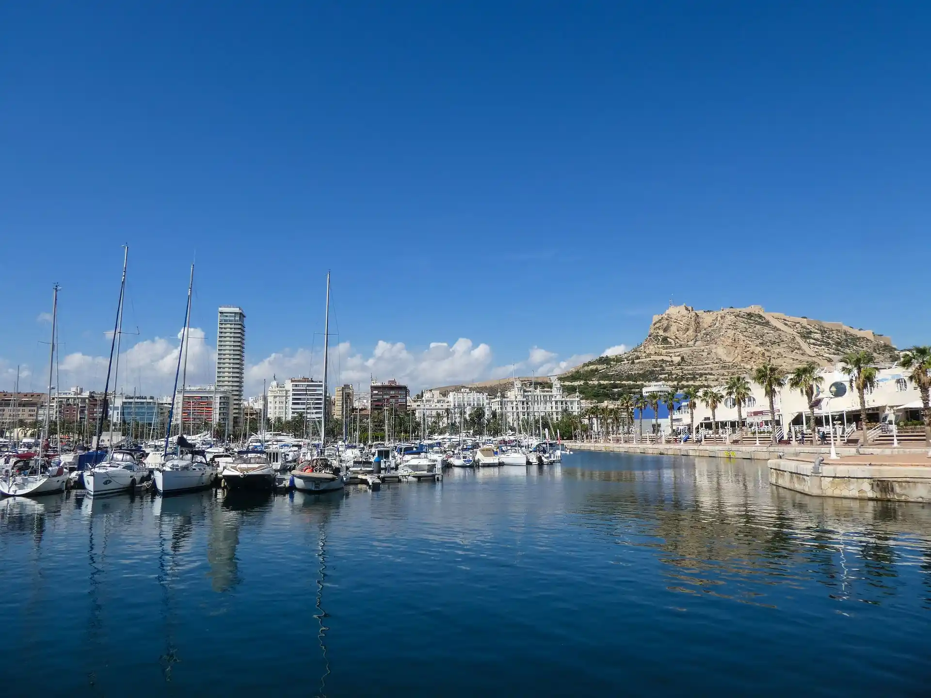 Marina with docked yachts and hillside backdrop in Costa Blanca