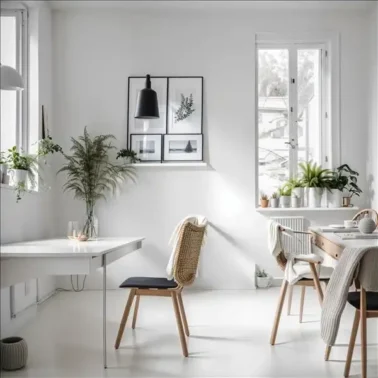 Minimalist apartment dining space with indoor plants and framed artwork