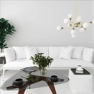 Elegant white luxury living room with designer furniture and chandelier