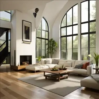 Spacious modern villa living room with high ceilings and large arched windows