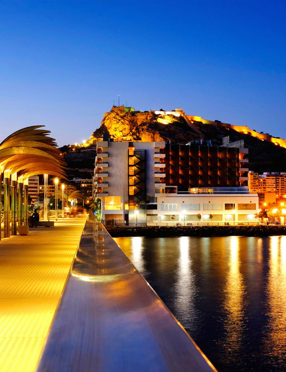 Alicante marina and Santa Bárbara Castle at night