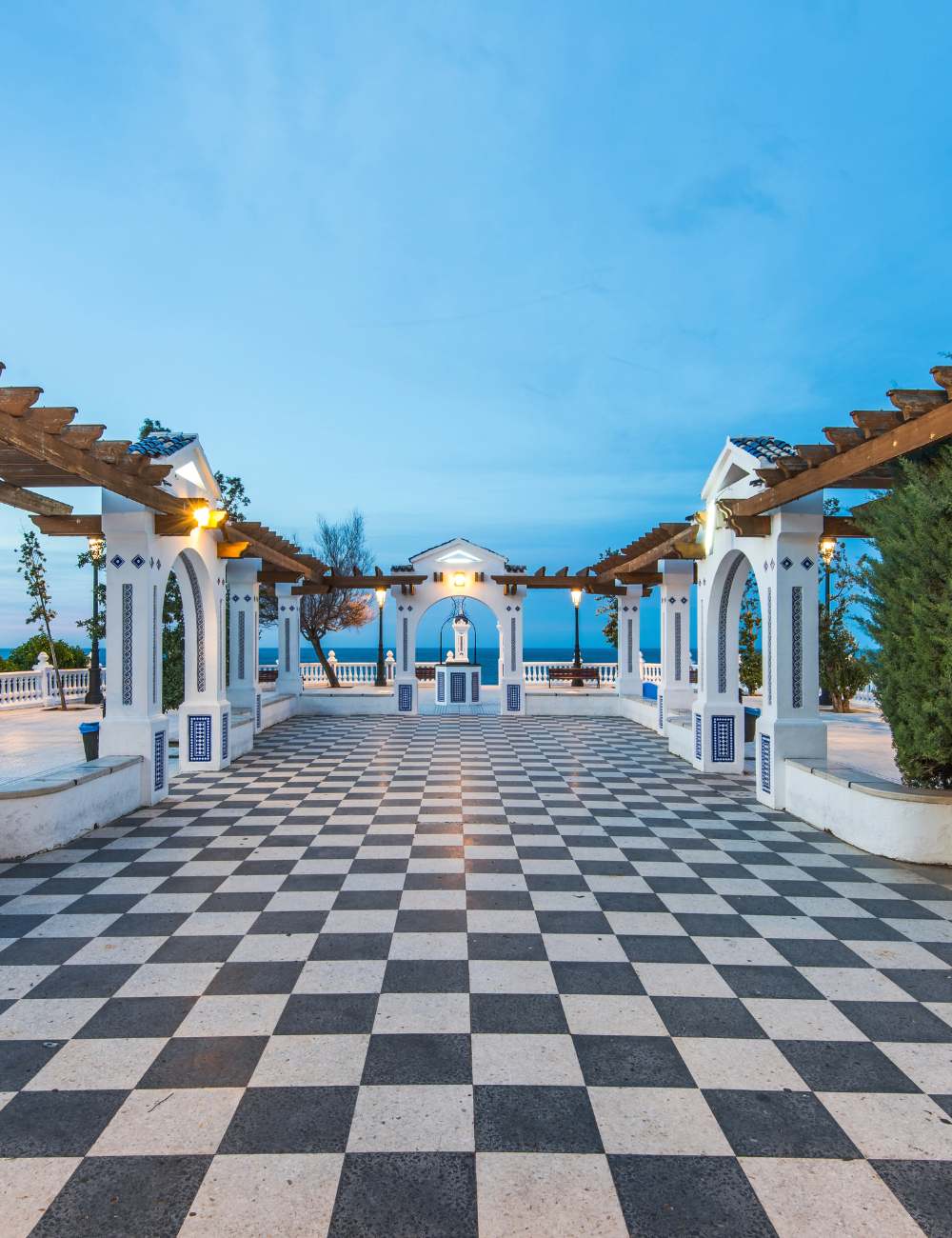 Benidorm viewpoint with tiled terrace and Mediterranean sea