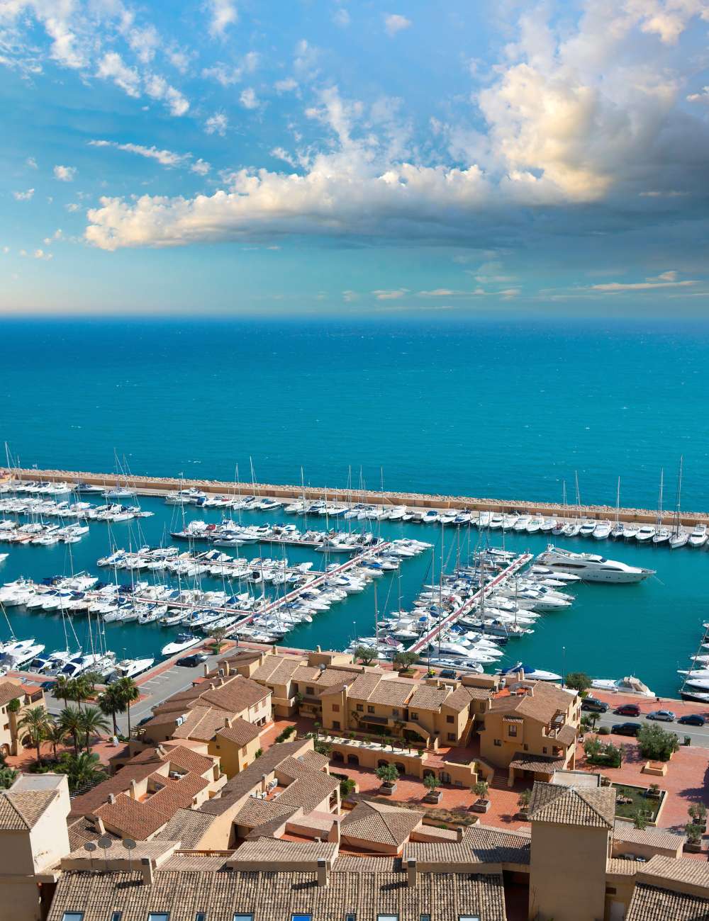 Aerial view of Club Náutico Moraira and marina boats