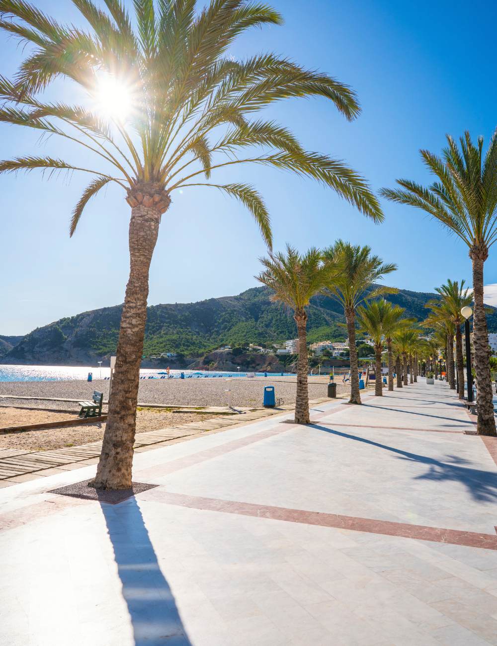Palm trees line the promenade overlooking Serra Gelada in Albir